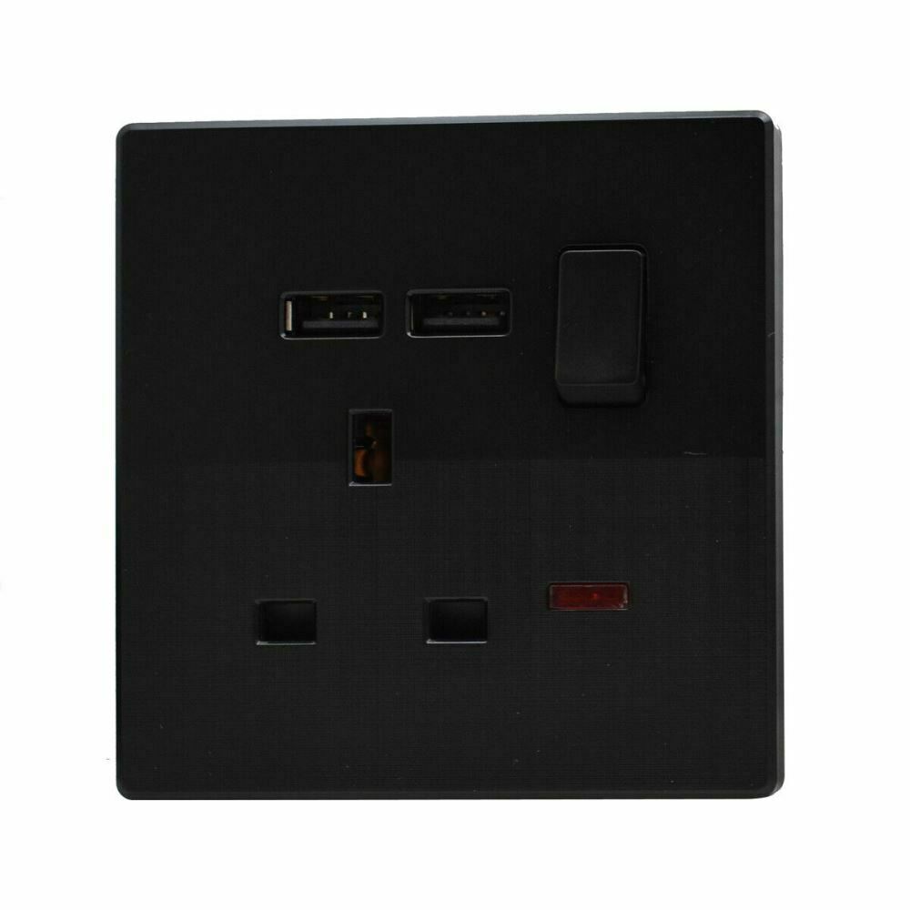 Modern Black Screwless 13A Double Wall Socket with USB Charging Ports