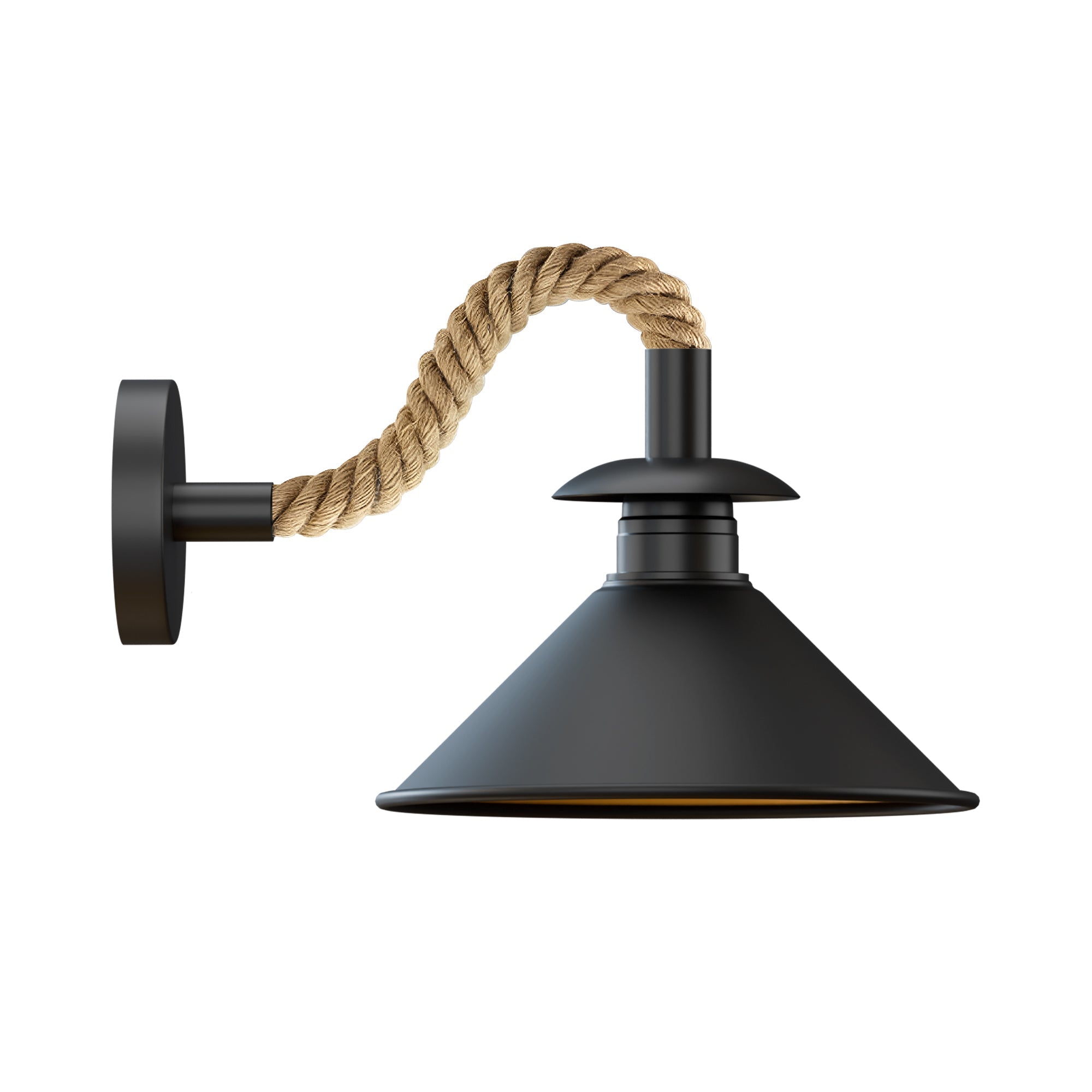 Industrial Black Cone Wall Light, E27 Hemp Rope Detail Rustic Sconce
