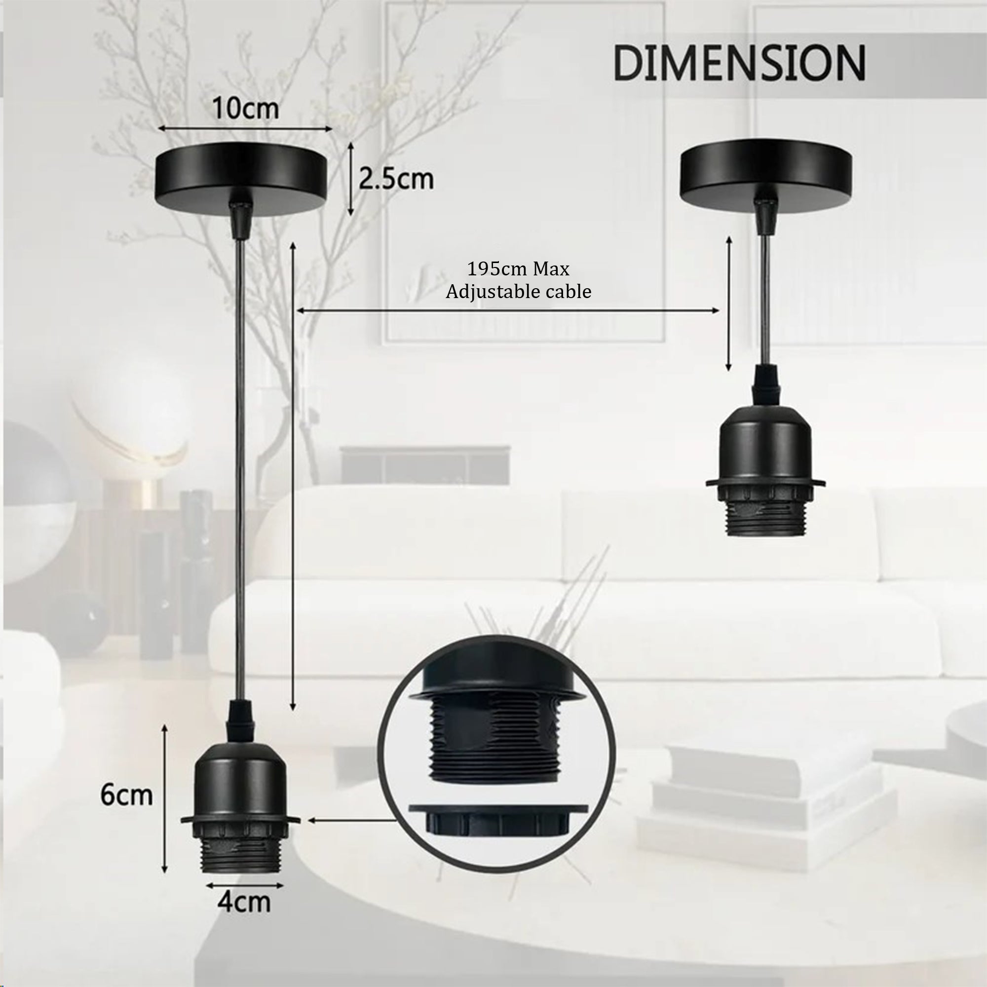 2-Pack Black E27 Pendant Light Kit PVC Cable Ceiling Fixture Holder