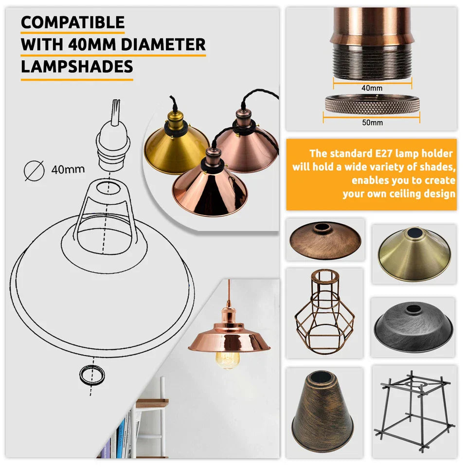 2-Pack Black E27 Pendant Light Kit PVC Cable Ceiling Fixture Holder