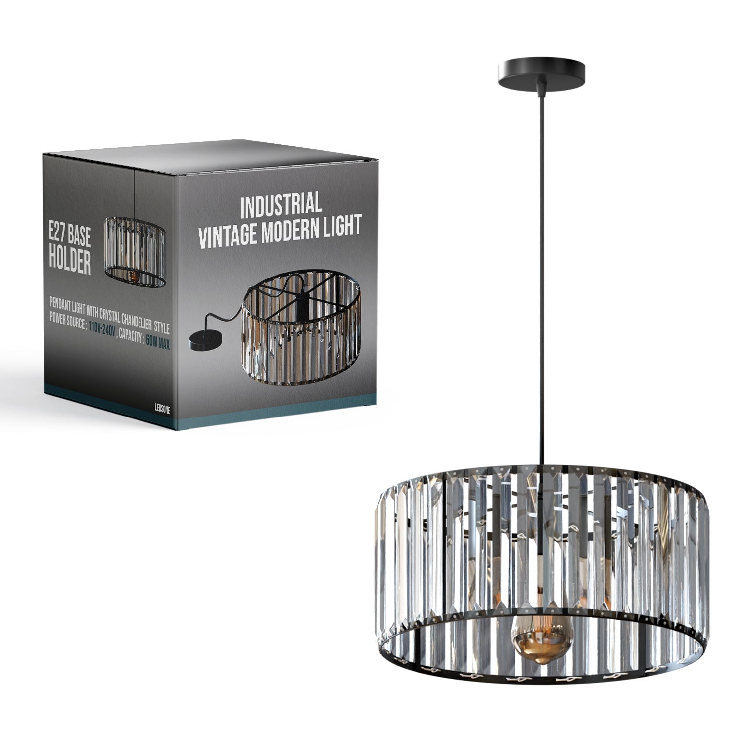 Modern Crystal Glass Drum Shade Pendant Light – Elegant Hanging Chandelier Fixture