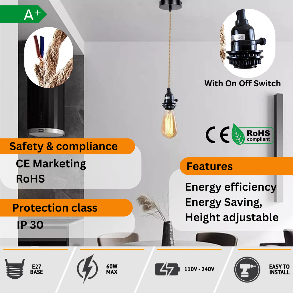 E27 Vintage Pendant Fitting Kit With On Off Holder ~5776