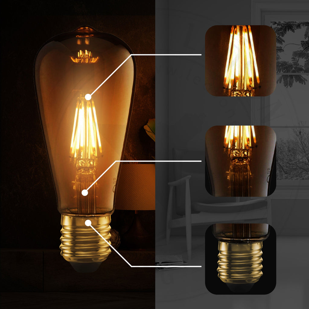 Vintage Dimmable ST64 E27 LED Filament Bulb 6W, Warm White Amber Glass
