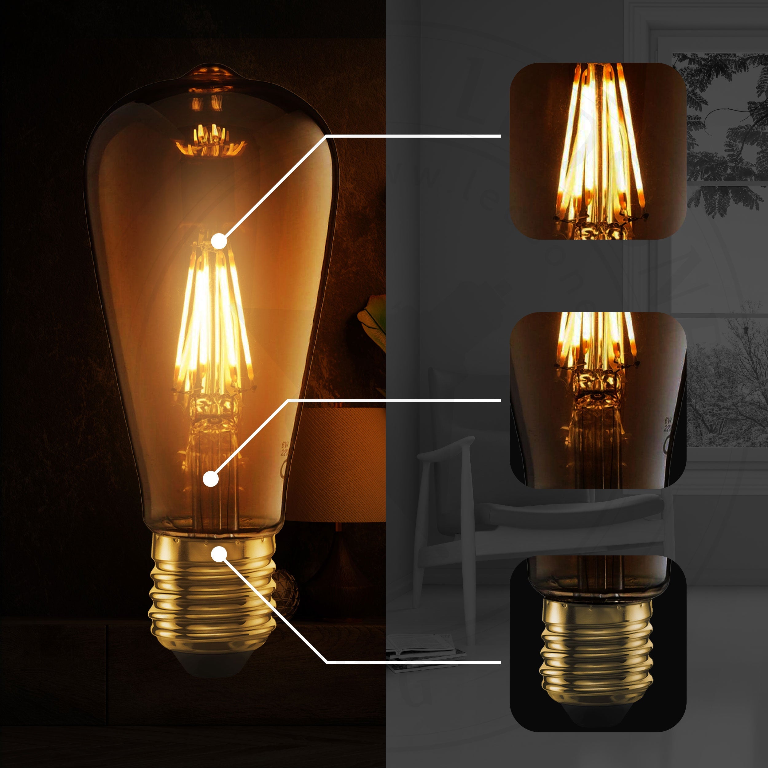 Vintage Dimmable ST64 E27 LED Filament Bulb 6W, Warm White Amber Glass