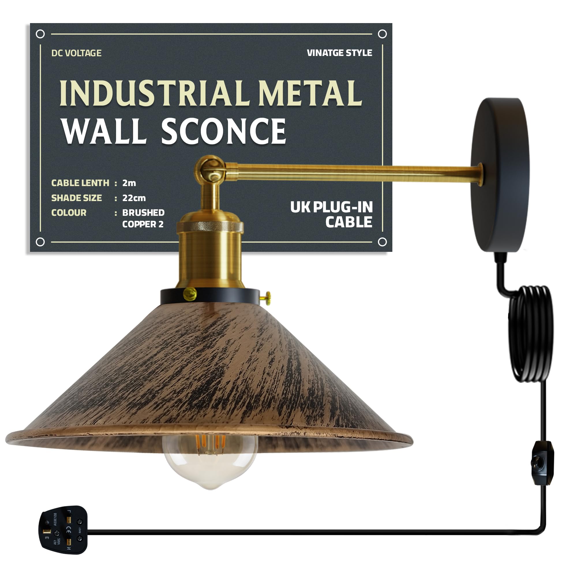 Industrial Indoor Plug-in Wall Light with Dimmer Switch, Adjustable Metal Shade
