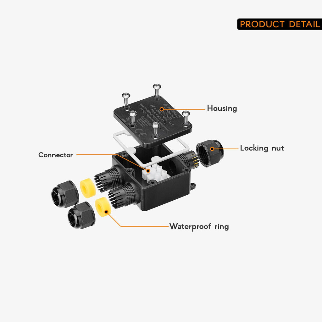 IP68 Outdoor Electrical Junction Box Connector, Black 3-Way Waterproof Cable
