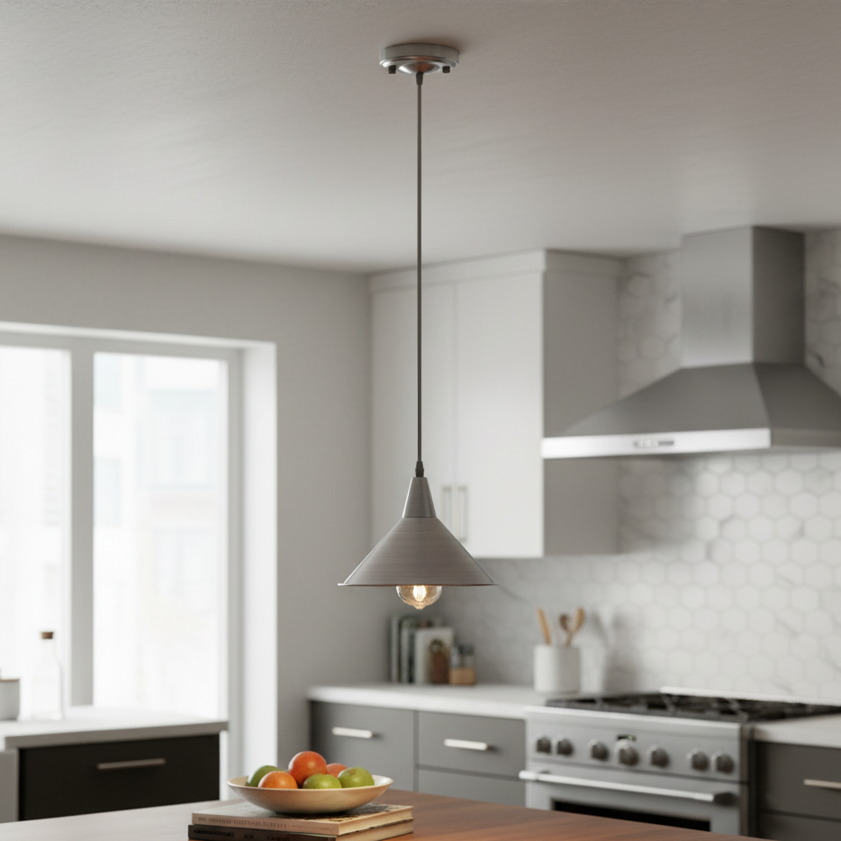 Adjustable Chrome Metal Cone Pendant Light Fixture with E27 Base