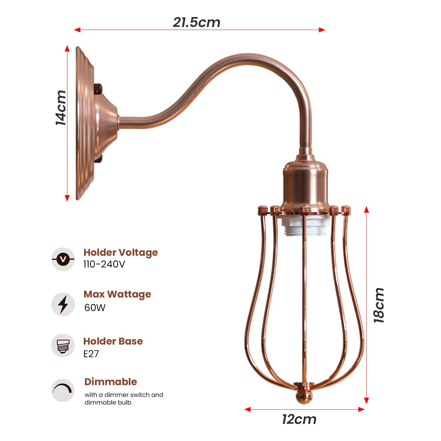 Industrial Metal arm Wall Sconce E27 Copper Light Fixture ~ 6058
