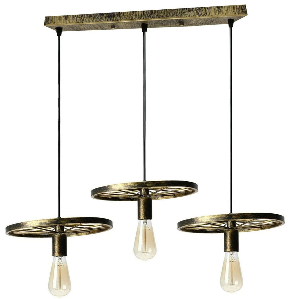 Vintage Industrial Bike Wheel Pendant Light with 3 Hanging Retro Shades