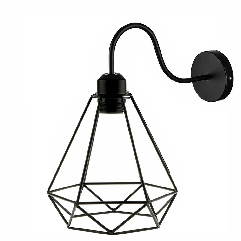 Industrial Black Metal Swan Neck Wall Sconce Lamp with Diamond Cage
