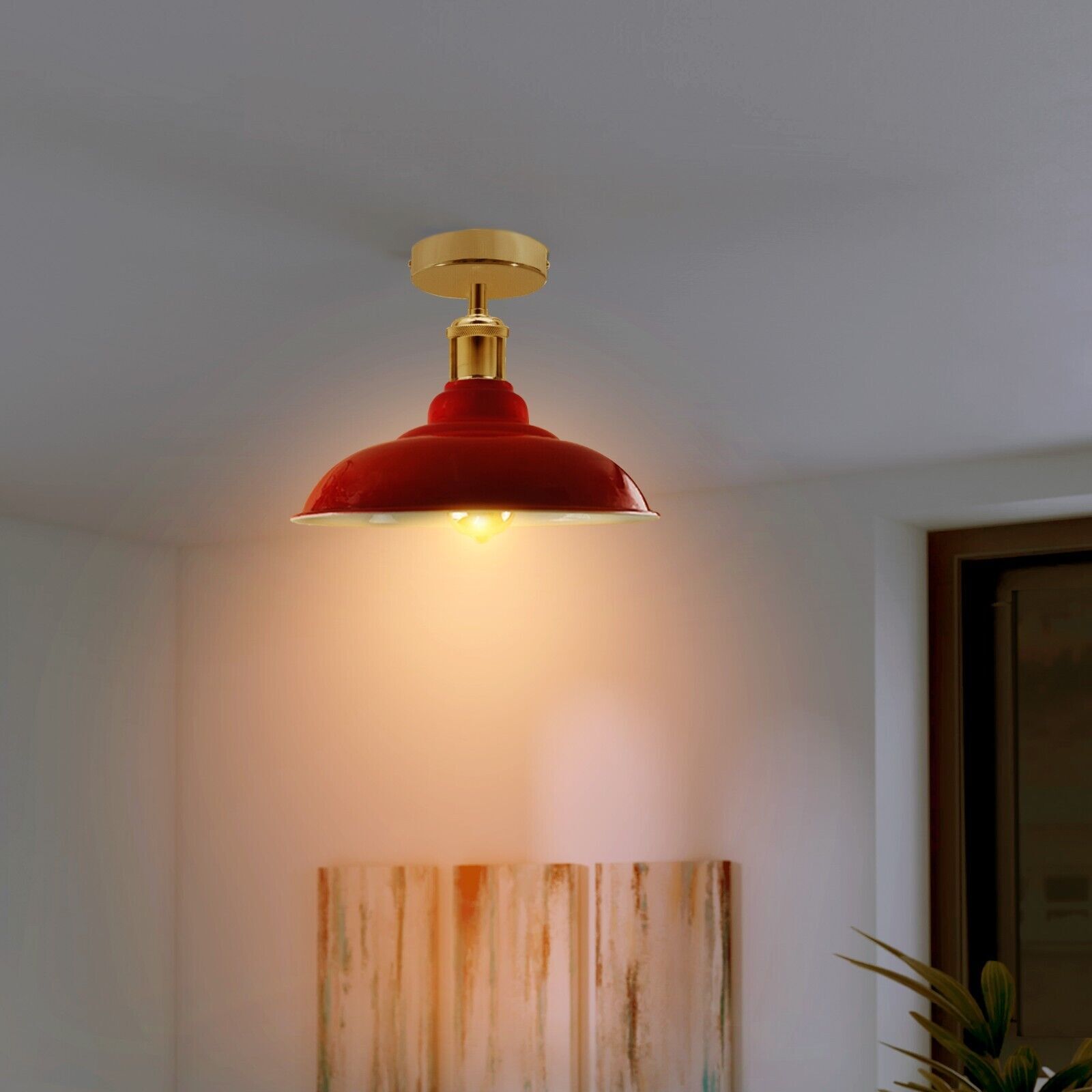Bold Red Industrial Vintage Flush Mount Ceiling Light for E27 Bulbs