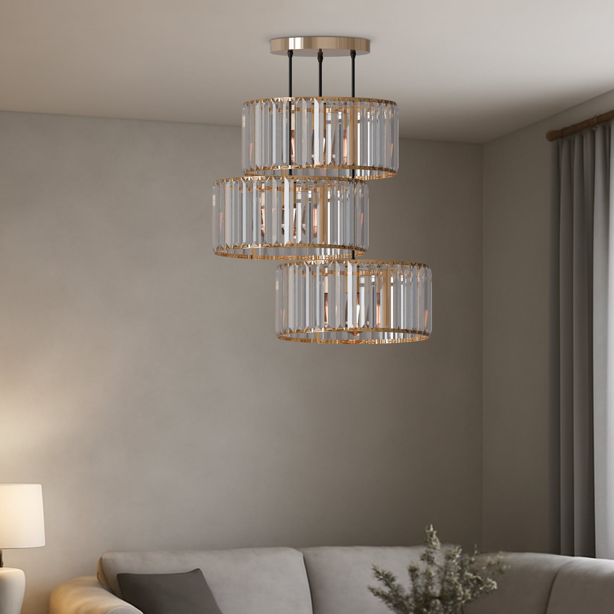 Modern 3-Light Adjustable Crystal Glass Shade Pendant Cluster Chandelier