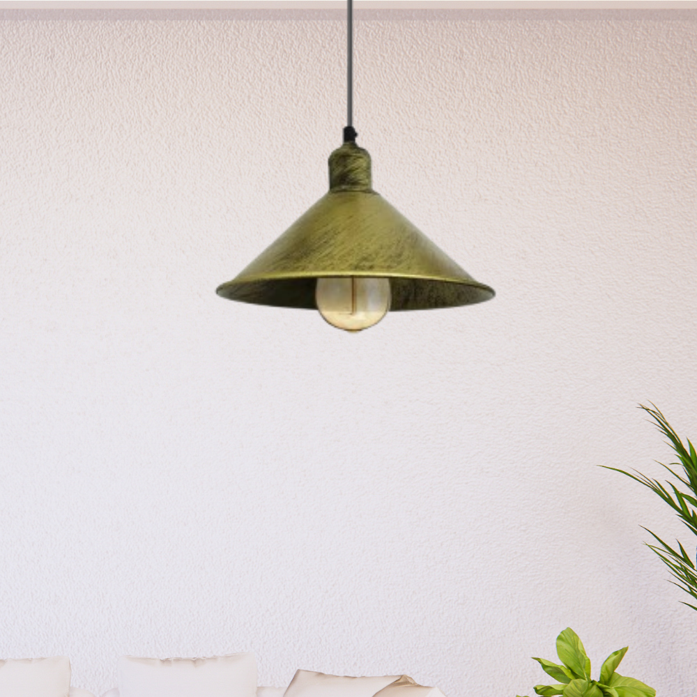 Brushed Brass Retro Industrial Pendant Light with E27 LED Bulb