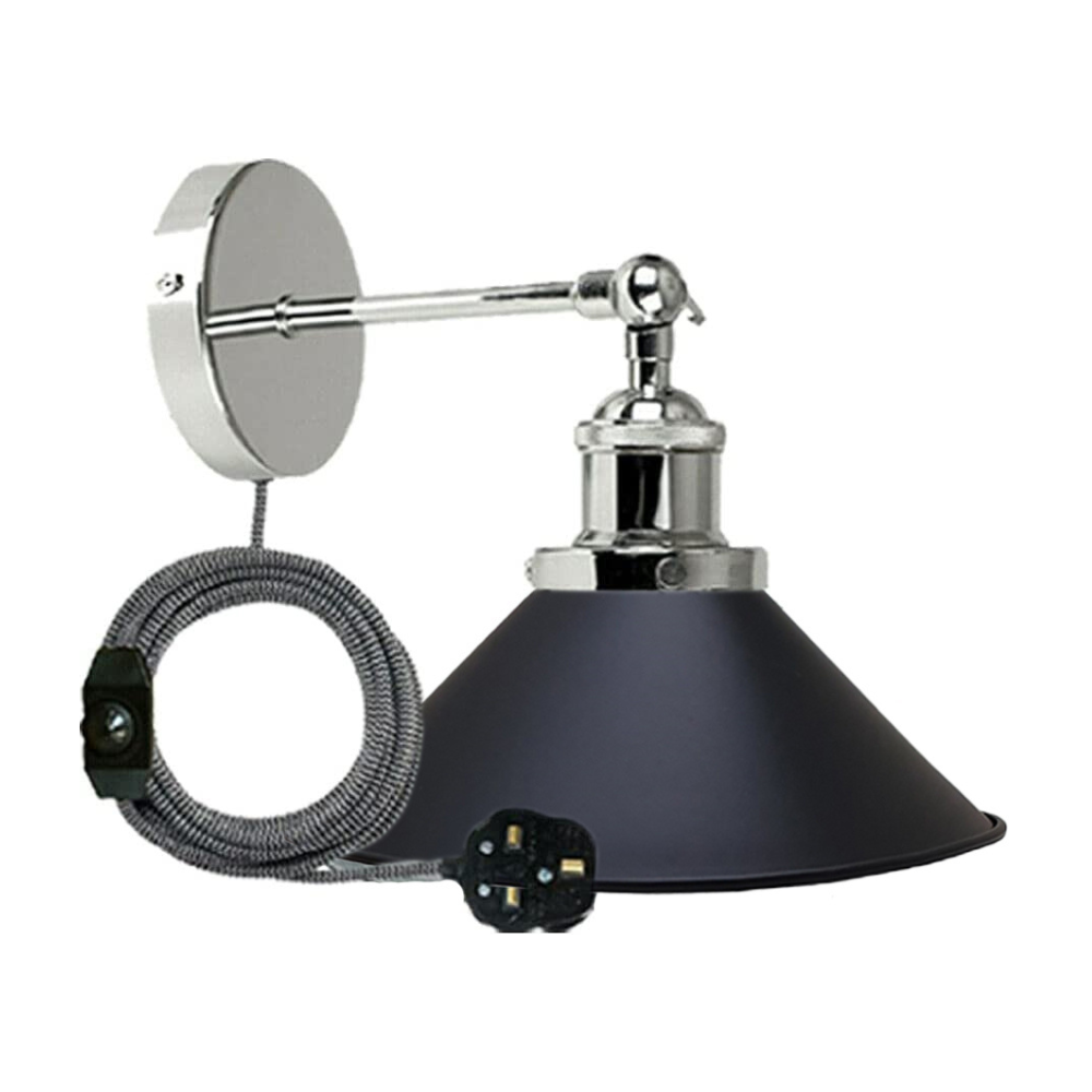 Adjustable Industrial Cone Shade Plug-in Wall Sconce with Dimmer Switch, E27 Bulb