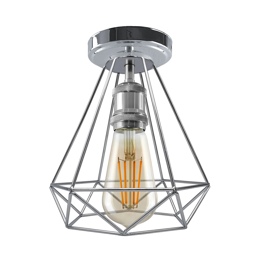 Vintage Chrome Metal Semi Flush Ceiling Light Fixture E27 Edison Cage Design