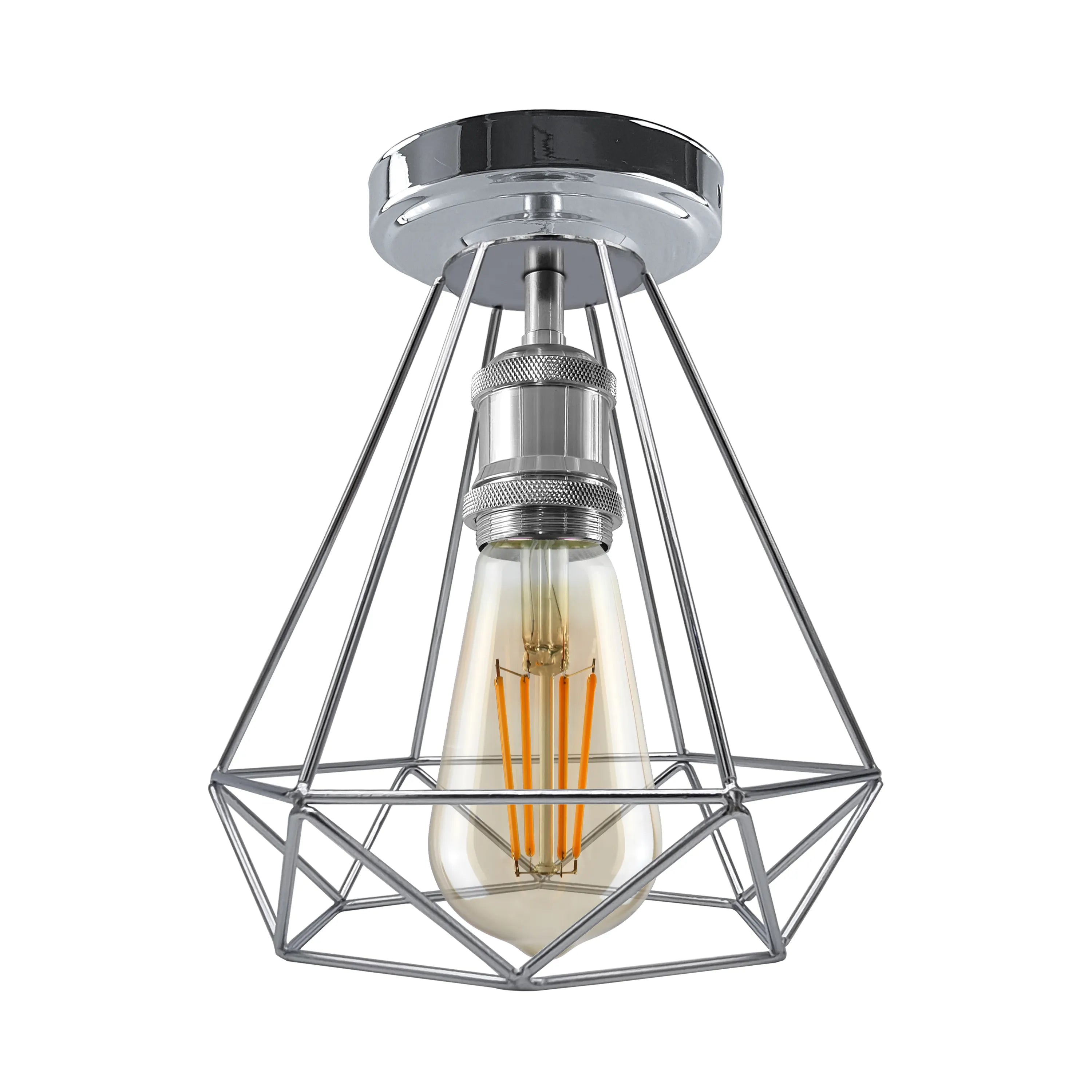 Vintage Chrome Metal Semi Flush Ceiling Light Fixture E27 Edison Cage Design