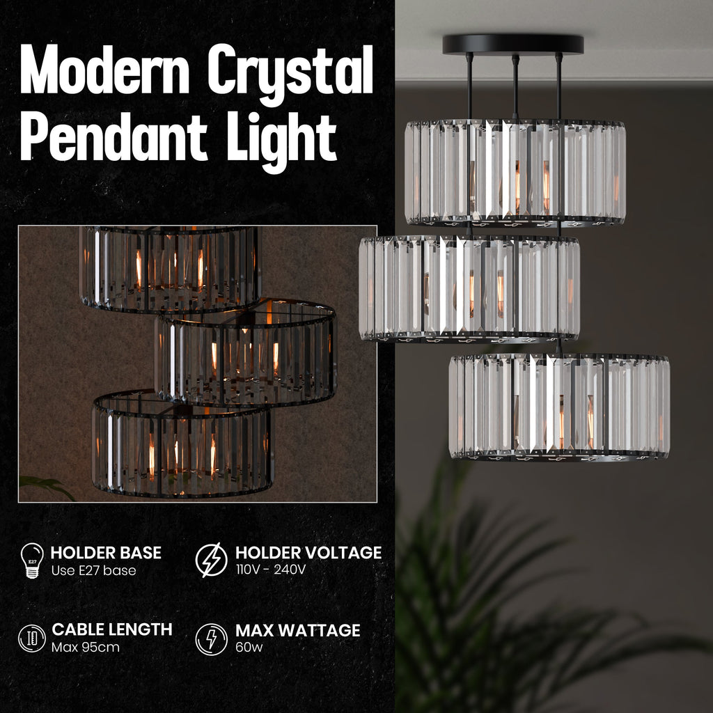 Modern 3-Light Adjustable Crystal Glass Shade Pendant Cluster Chandelier