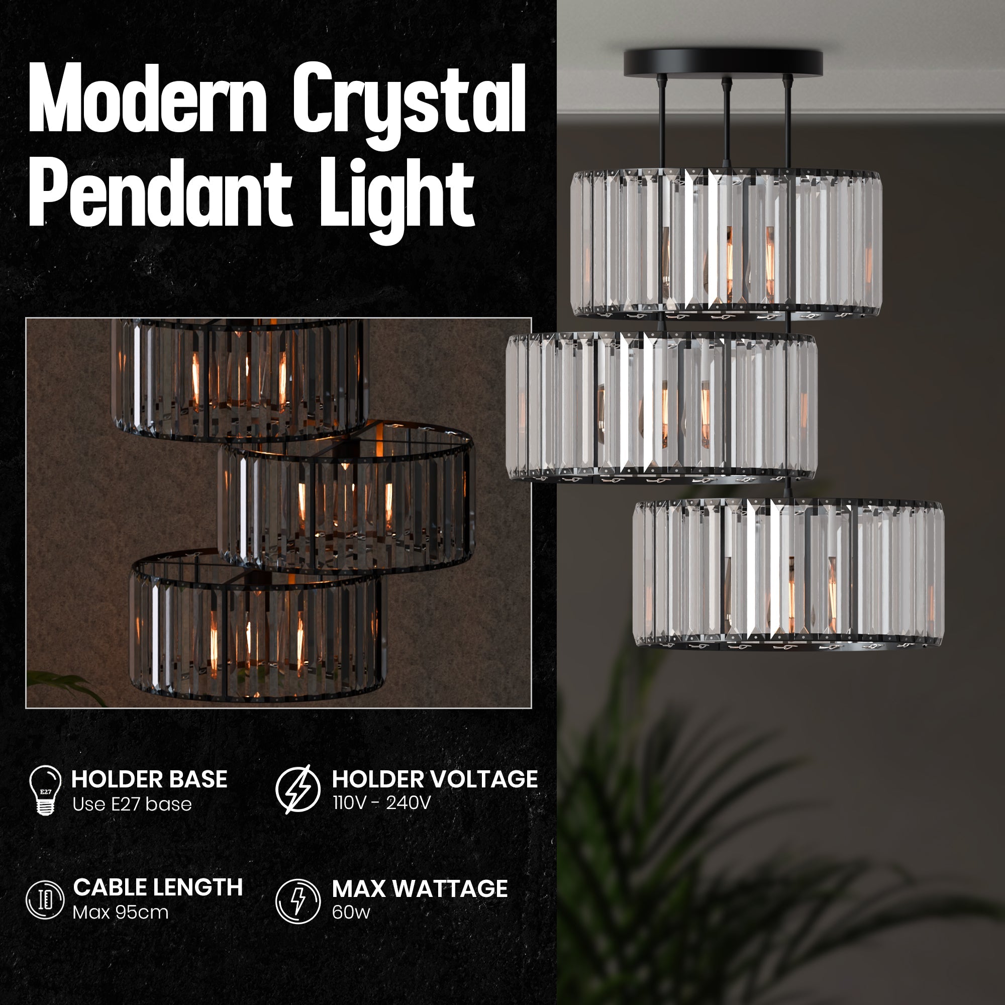Modern 3-Light Adjustable Crystal Glass Shade Pendant Cluster Chandelier