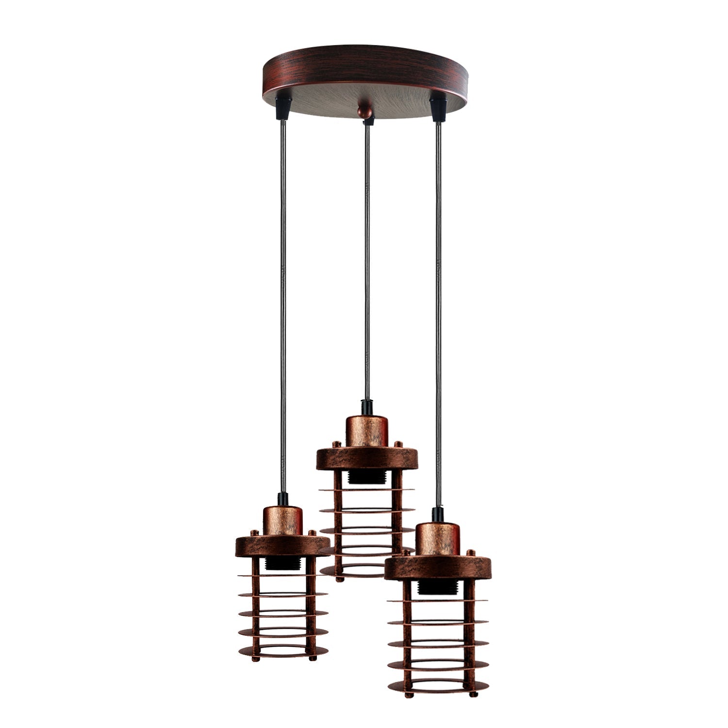 Adjustable Industrial 3-Light Metal Cage Cluster Pendant Ceiling Fixture