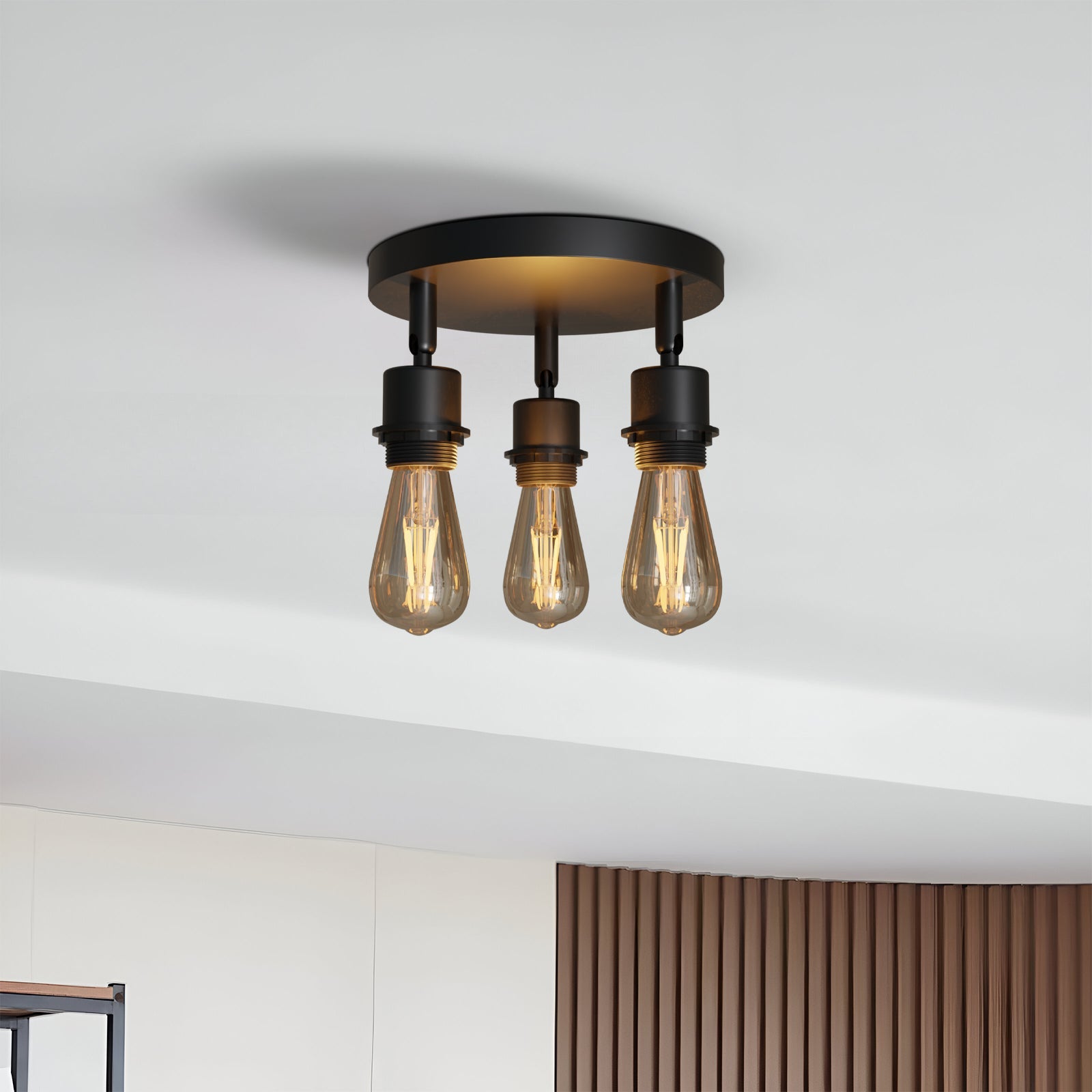 Modern Black Metal 3-Way Adjustable Semi Flush Mount Ceiling Light Fixture
