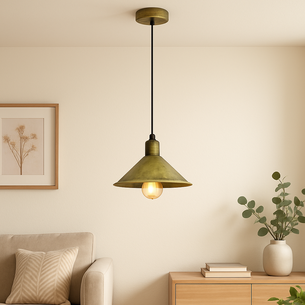 Brushed Brass Retro Industrial Pendant Light with E27 LED Bulb