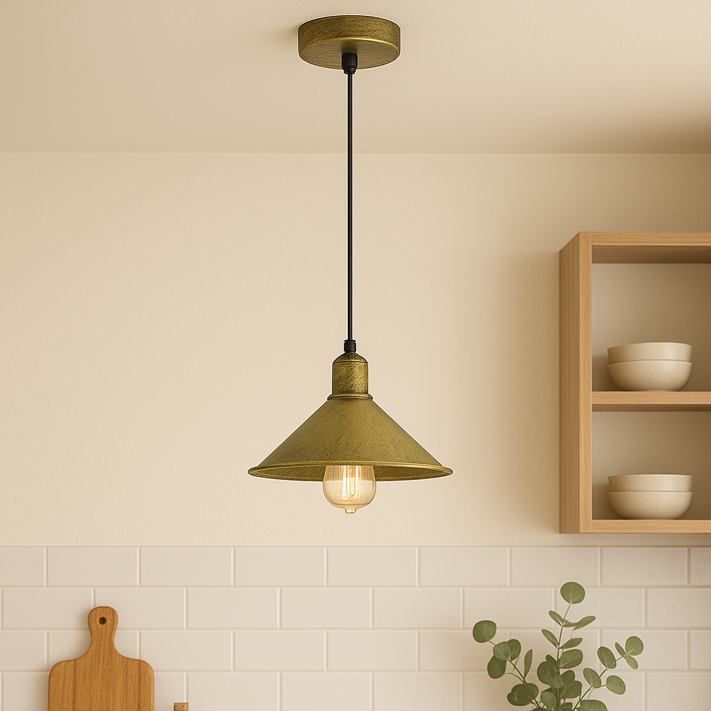 Brushed Brass Retro Industrial Pendant Light with E27 LED Bulb