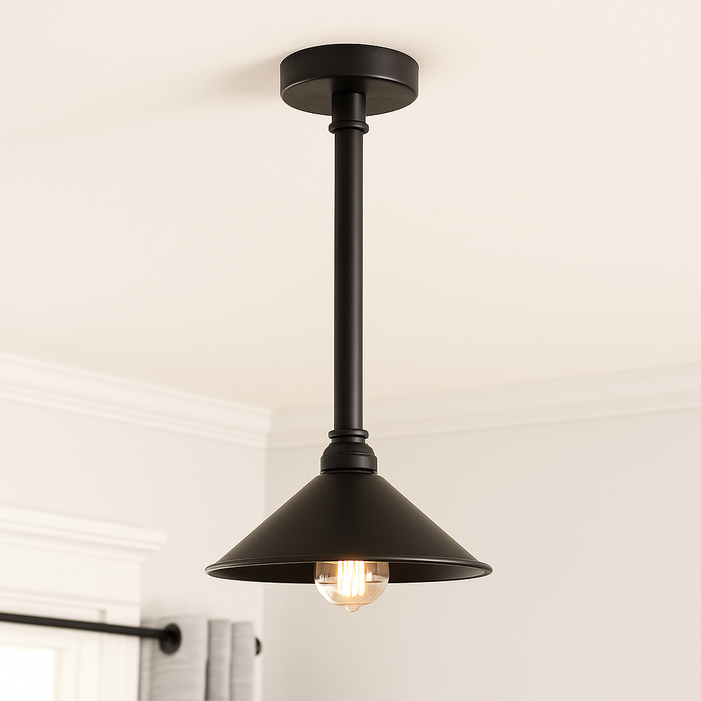 Vintage Black Metal Cone Shade Long Pipe Ceiling Light E27 Base