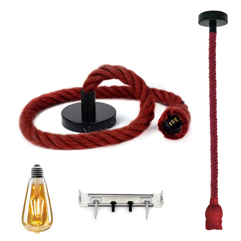 Red Hemp Rope Industrial Pendant Light Fixture, Adjustable Rustic E27 Ceiling Lamp