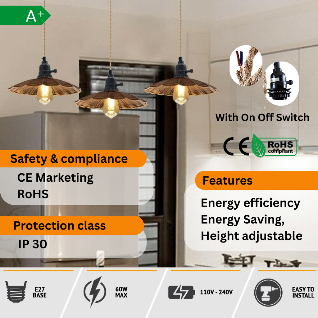 Brushed Copper 3-Way E27 Retro Industrial Ceiling Pendant Light Fixture