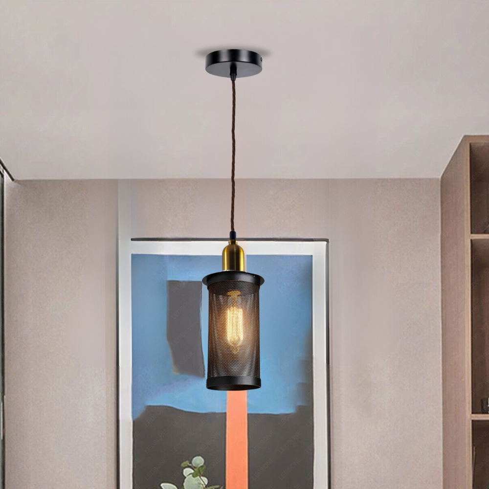 Industrial Retro Metal Drum Cage Pendant Light with Gold E27 Holder
