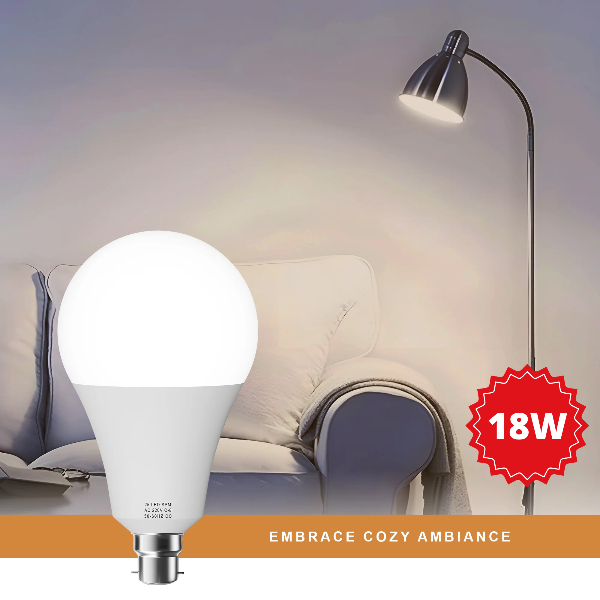 Bright 18W E27 A60 LED Bulb, Warm White 2700K, Non-Dimmable, Energy Saving