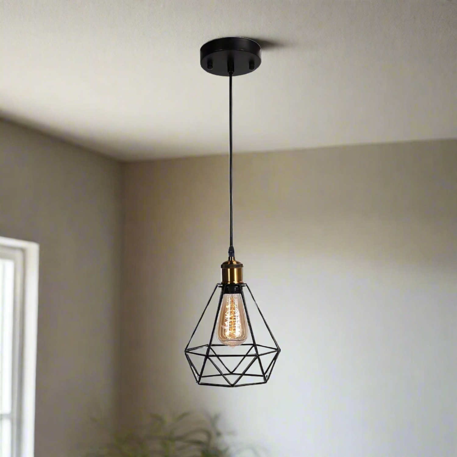 Modern Industrial Black Metal Diamond Cage Pendant Light Fixture, E27 Base, Ceiling Hanging