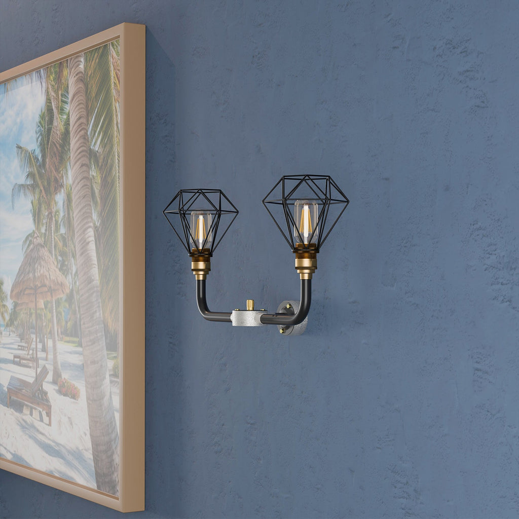 Industrial Black Conduit 2-Way Diamond Cage Wall Light Kit with Edison Bulb Option