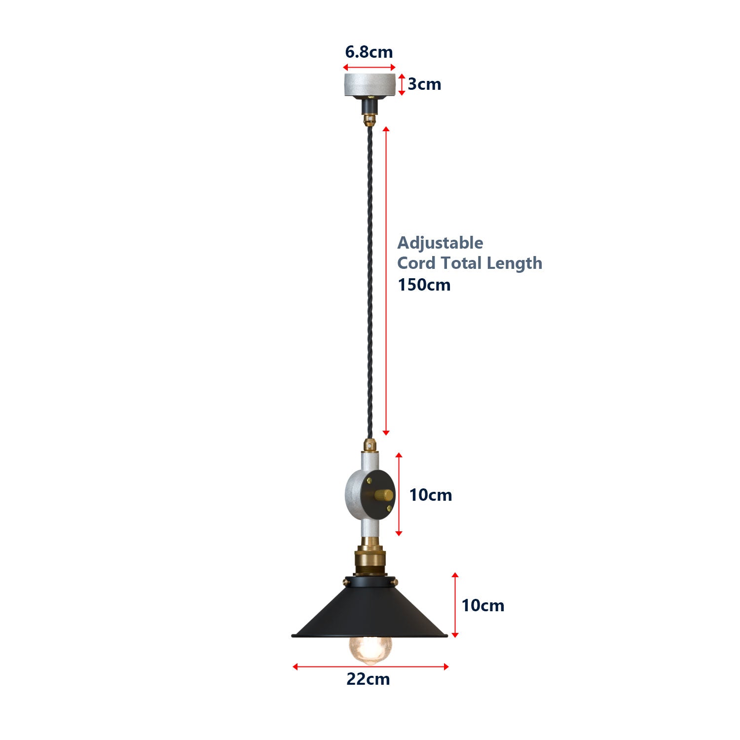 Black Industrial Dimmable Cone Shade Pendant Light Adjustable Height Metal Fixture