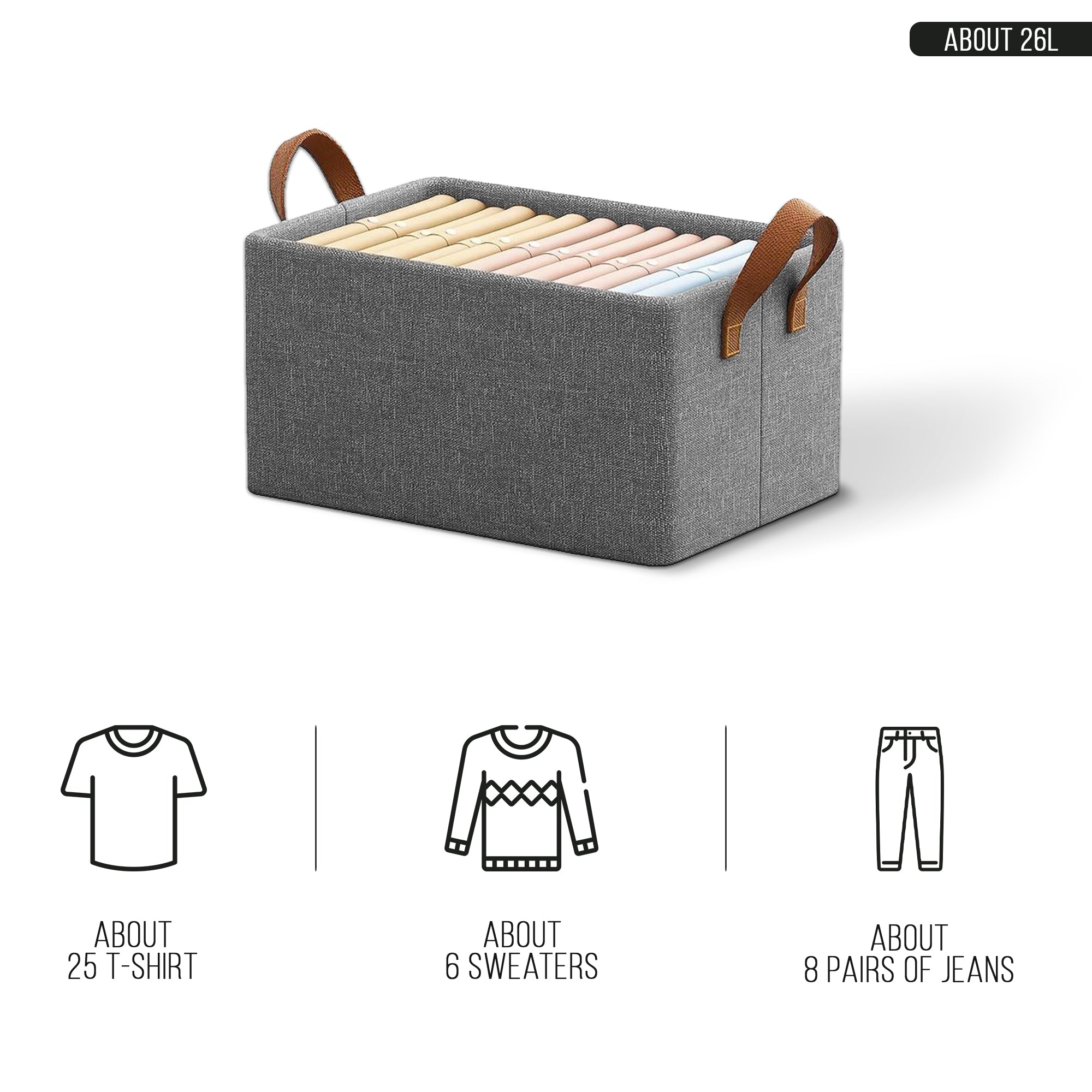 Foldable Grey Fabric Storage Organizer Bag with Handles for Clothes & Toys