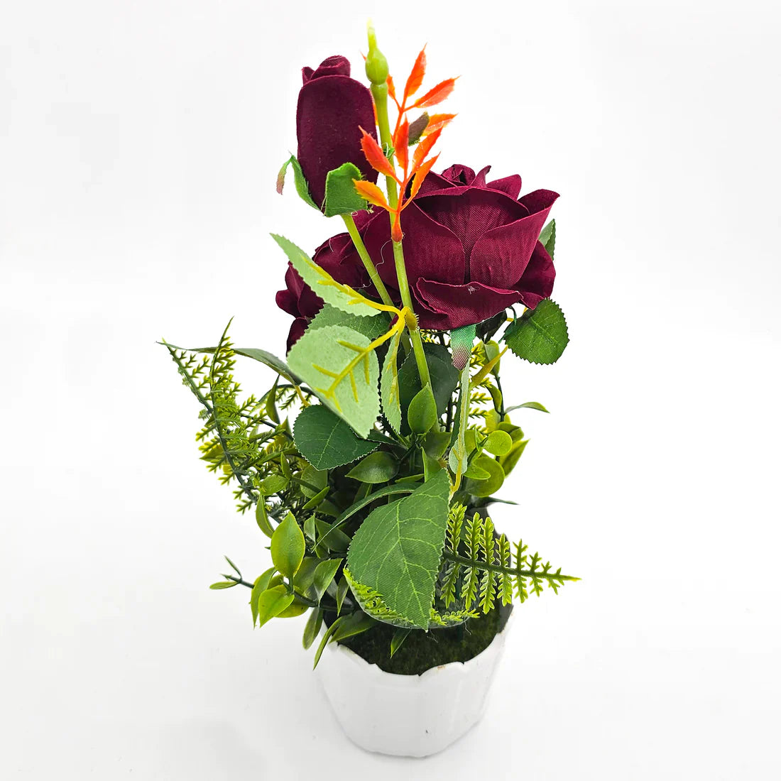 Artificial Silk Rose Flower Set with Elegant White Pot 2 Pack