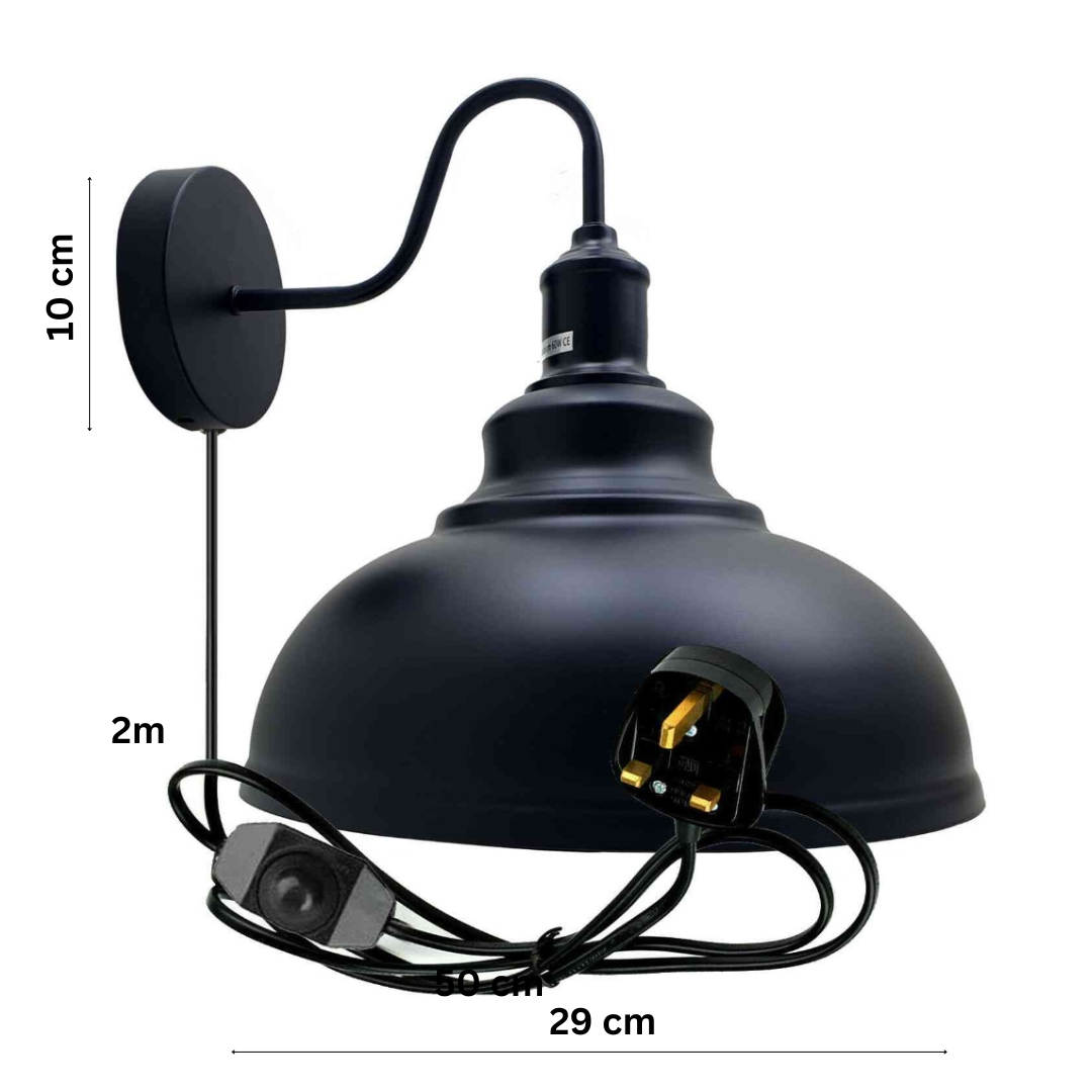 2m Black Plug-in Industrial Wall Sconce Light with Dimmer Switch