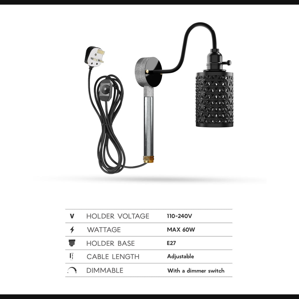 Industrial Galvanised Metal Swan Neck Plug-in Wall Light with Bulb Guard Cage