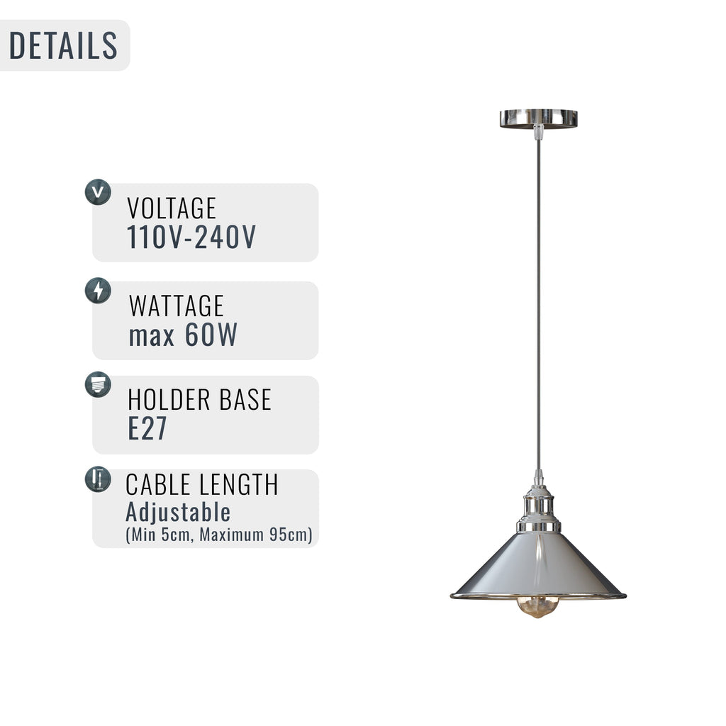 Modern Industrial Chrome Cone Pendant Light Fixture with Adjustable Height