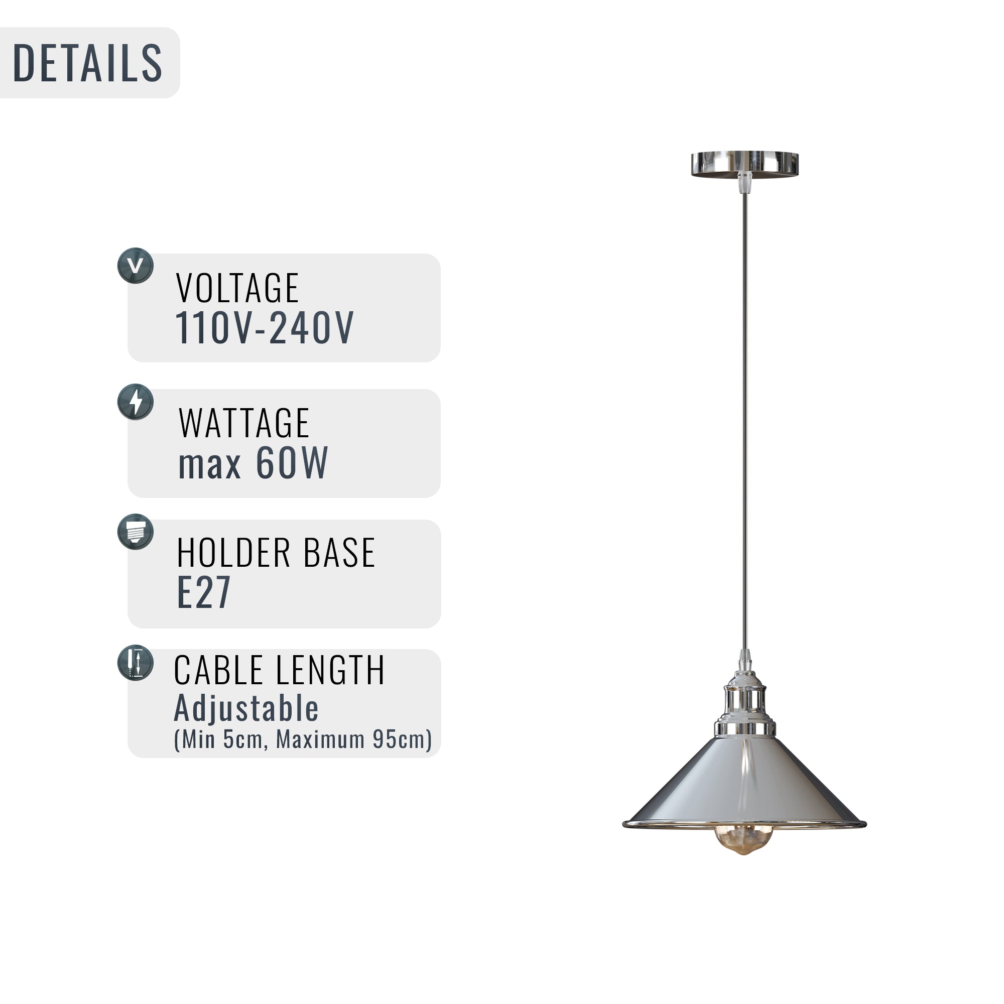Modern Industrial Chrome Cone Pendant Light Fixture with Adjustable Height