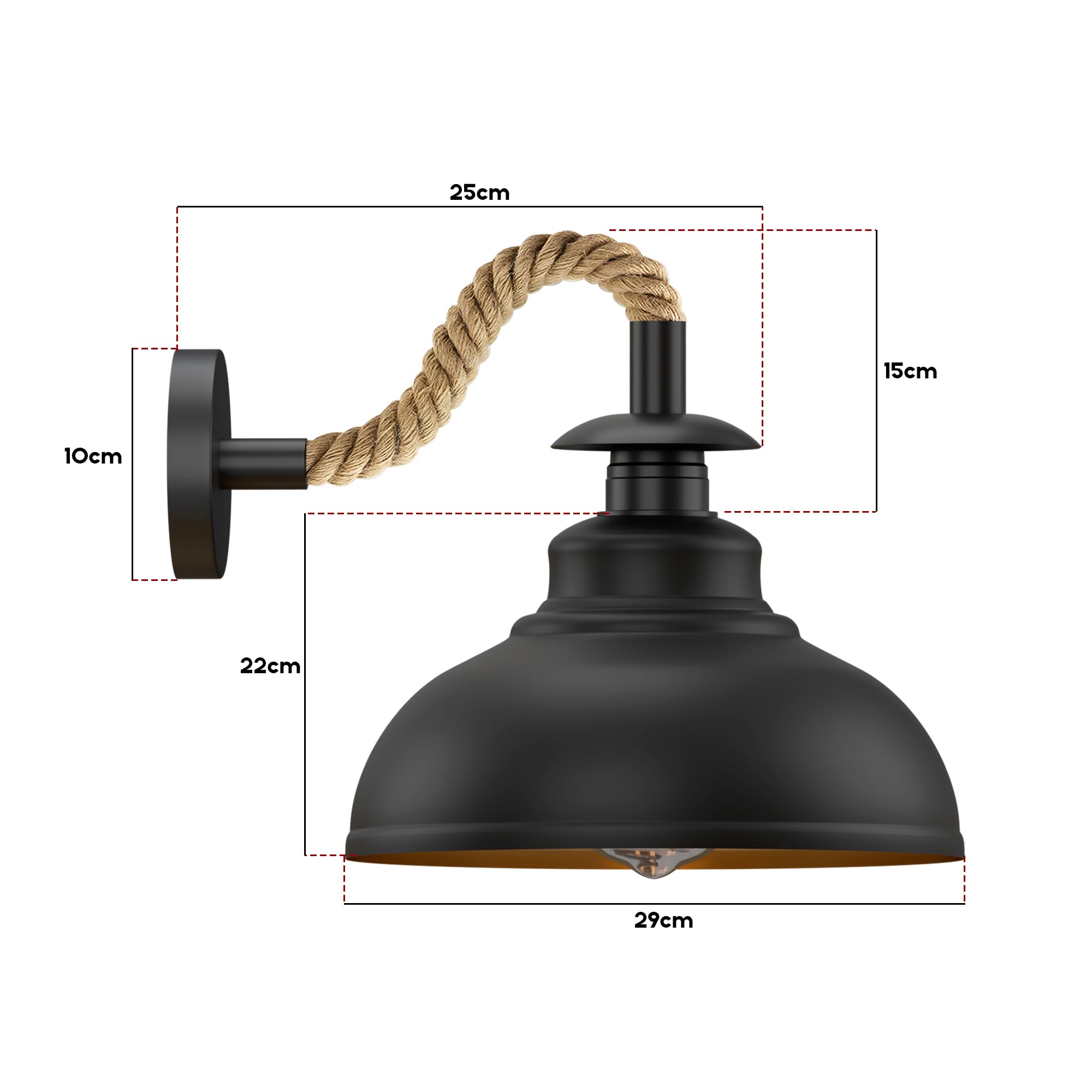 Dimmable Black Wall Sconce with Hemp Rope Accents and E27 Vintage Light
