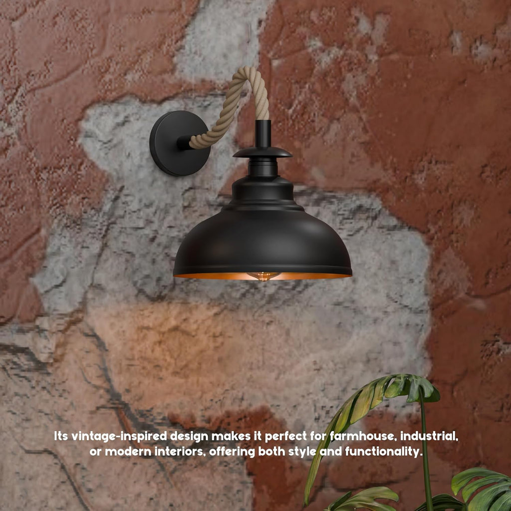 Dimmable Black Wall Sconce with Hemp Rope Accents and E27 Vintage Light