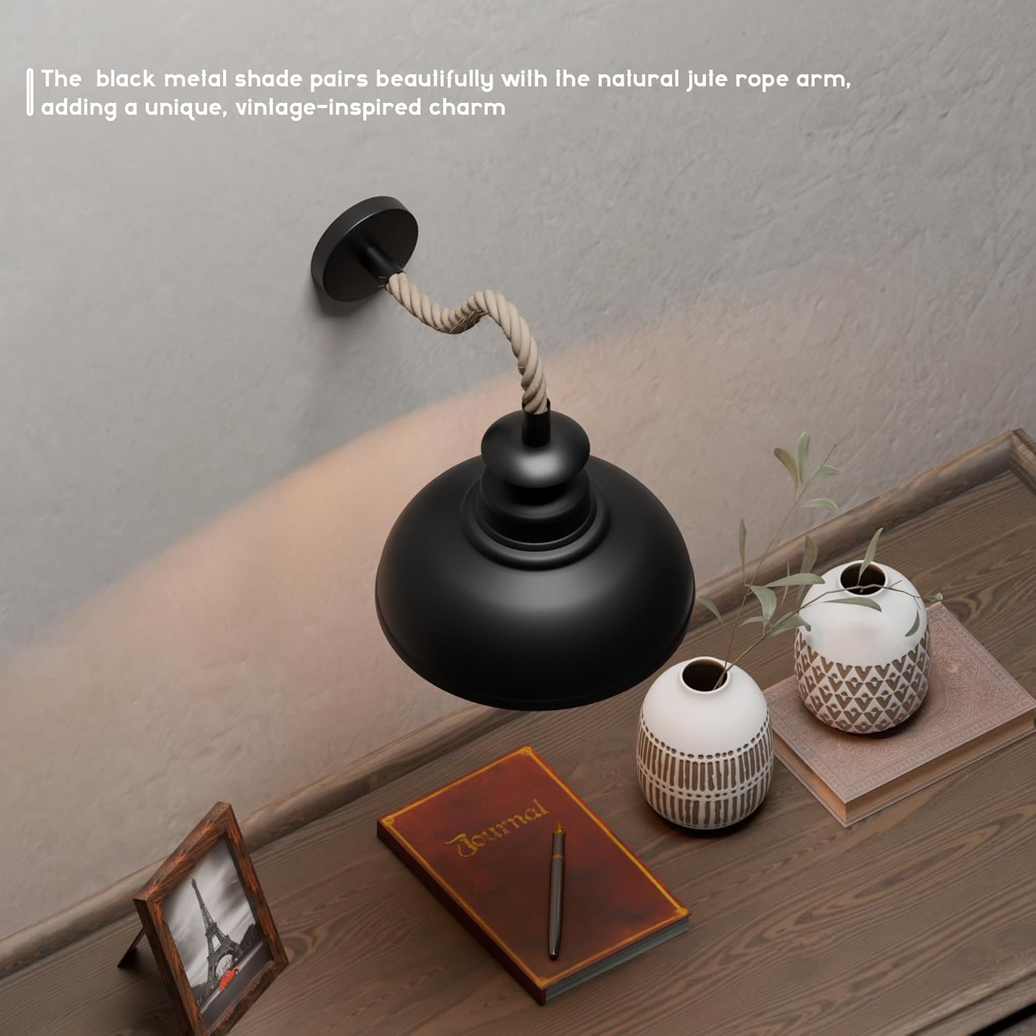 Industrial Vintage Black Wall Sconce with Rustic Dimmable Hemp Rope