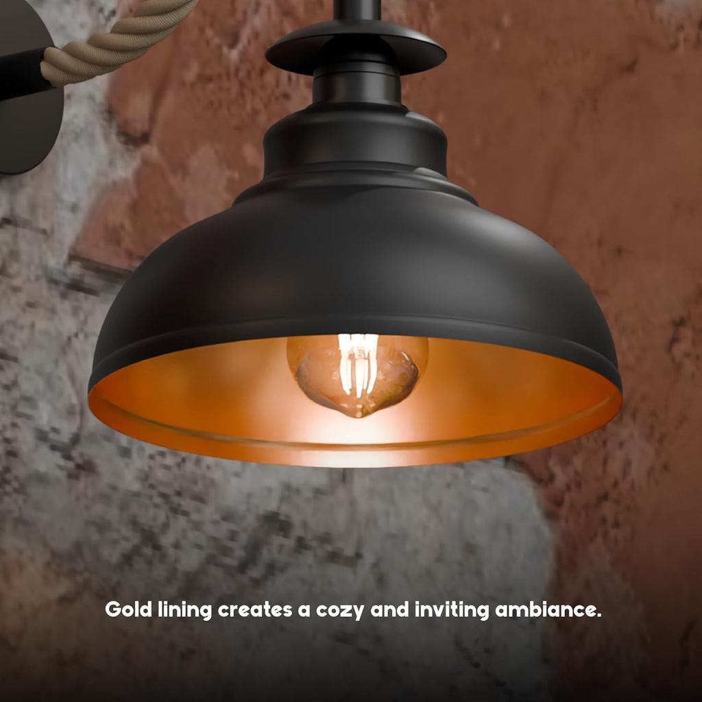 Dimmable Black Wall Sconce with Hemp Rope Accents and E27 Vintage Light
