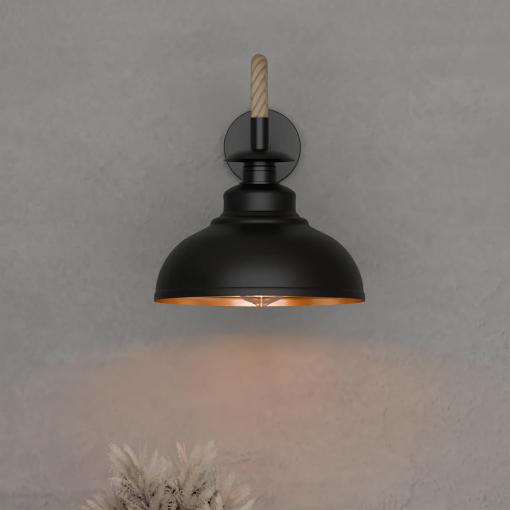 Dimmable Black Wall Sconce with Hemp Rope Accents and E27 Vintage Light