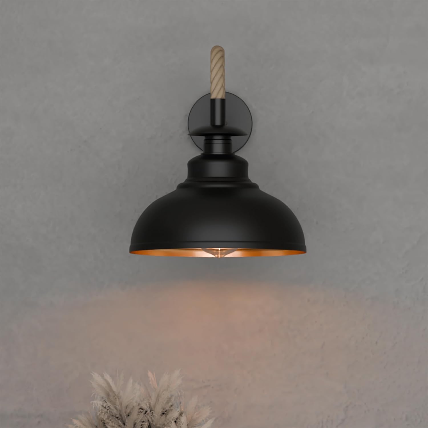Dimmable Black Wall Sconce with Hemp Rope Accents and E27 Vintage Light