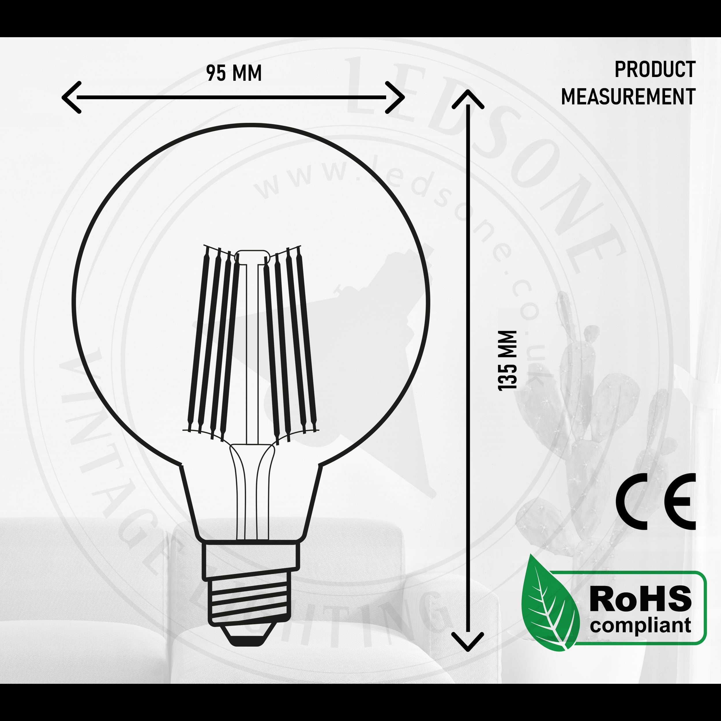 6-Pack G95 8W Dimmable E27 LED Globe Filament Bulbs, Warm White