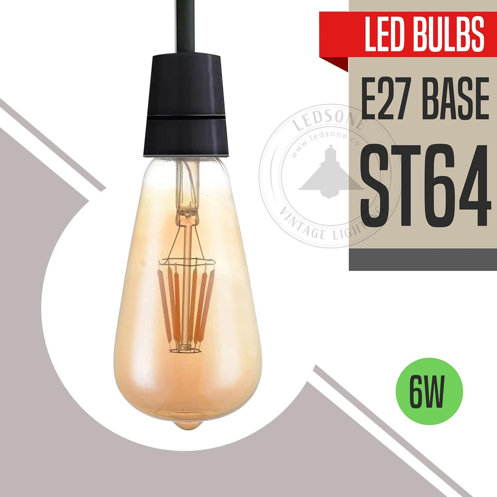 Vintage Dimmable ST64 E27 LED Filament Bulb 6W, Warm White Amber Glass