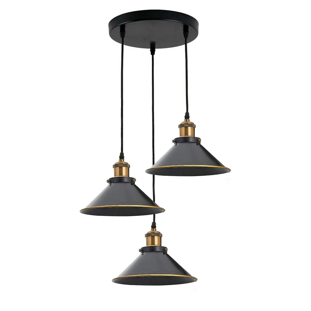 Vintage Industrial Three Head Pendant Light Fixture, Flat Cone Shade, Adjustable