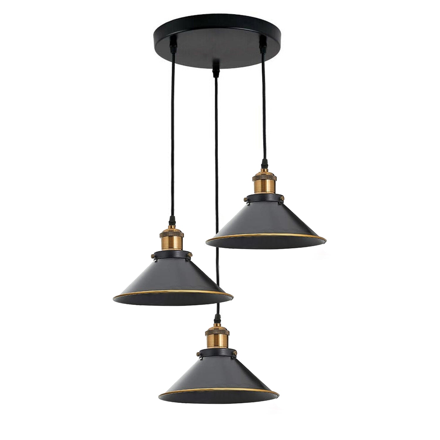 Vintage Industrial 3-Head Pendant Light, Flat Cone Metal Shades, Adjustable Cables